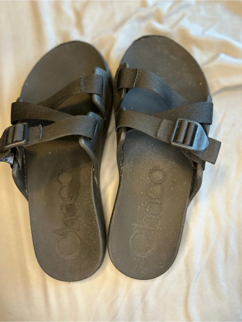 Chaco Men’s Black Strappy Slide Sandals Size M12 Adjustable Wear Near Toes